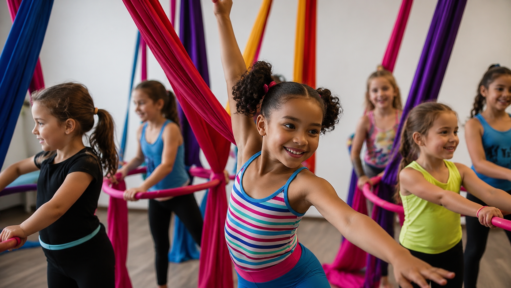 Young student performing on aerial silks at Flexibility in Flight